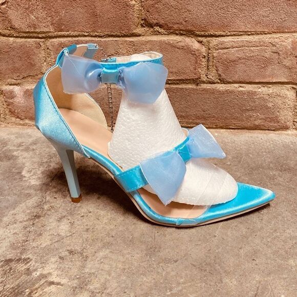 Blue Strappy Bow Pointed Toe Stiletto Sandal Heel Size 7.5 New - Picture 3 of 11
